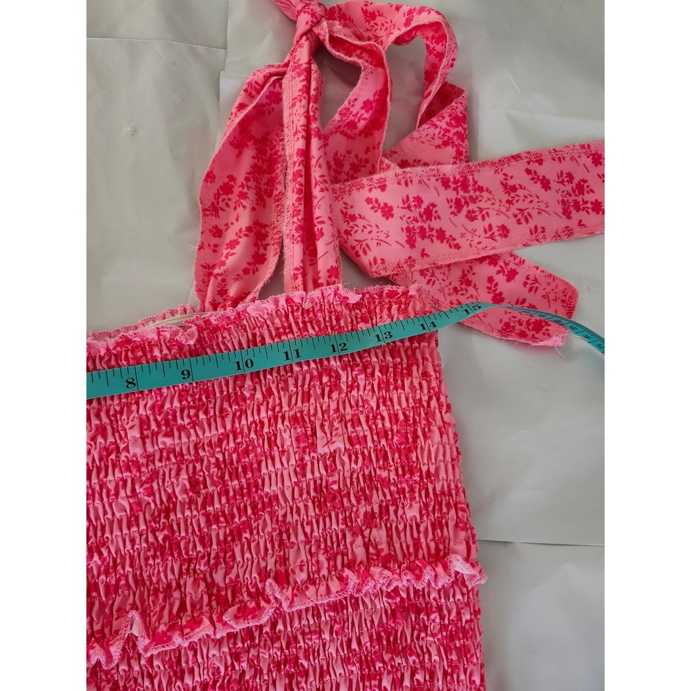 ChcMe Pink Floral Smocked Mini Dress Small Tie Shoulder Coquette Cottagecore 🌸 - Picture 11 of 12